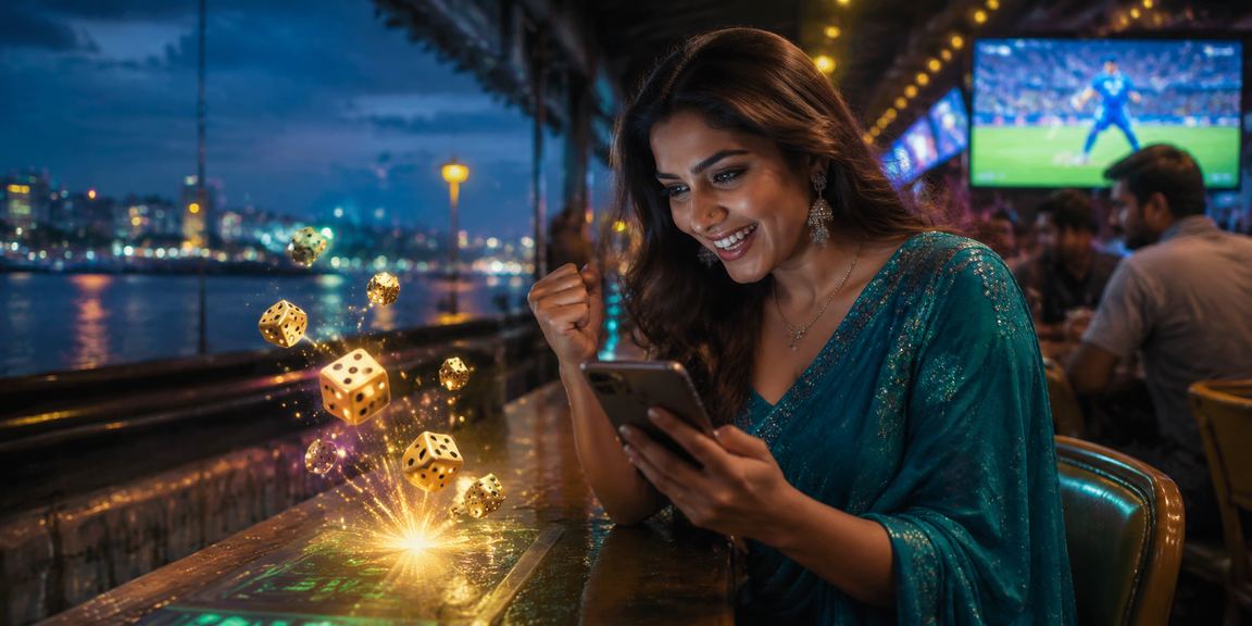 Indian woman placing a cricket and Teen Patti bet using mobile device in Mumbai